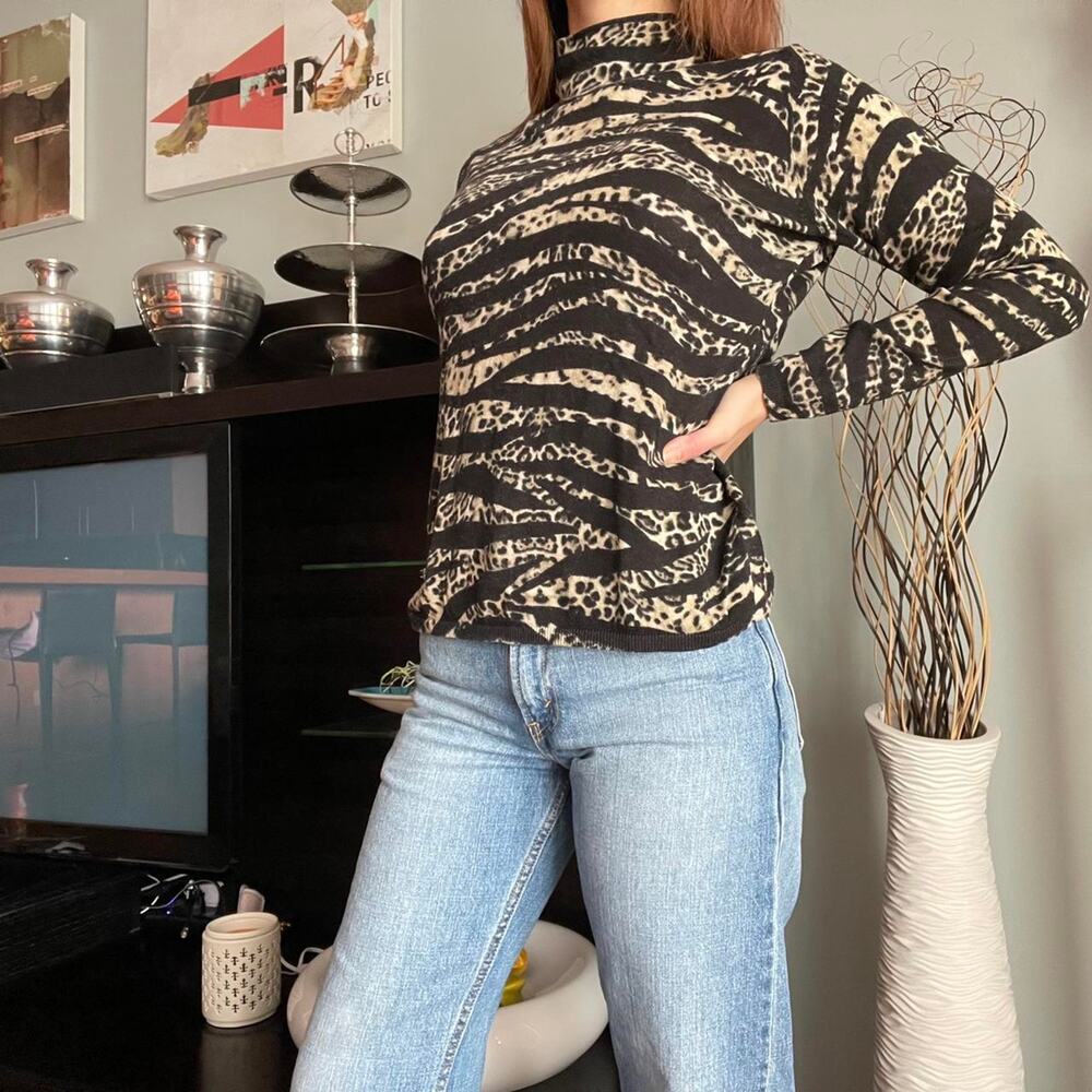 Animal Life Tiger Cheetah Mock Neck Sweater
